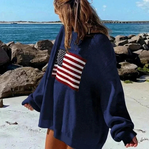 Flag Pattern Drop Shoulder Long Sleeve Sweater - Picture 1 of 5